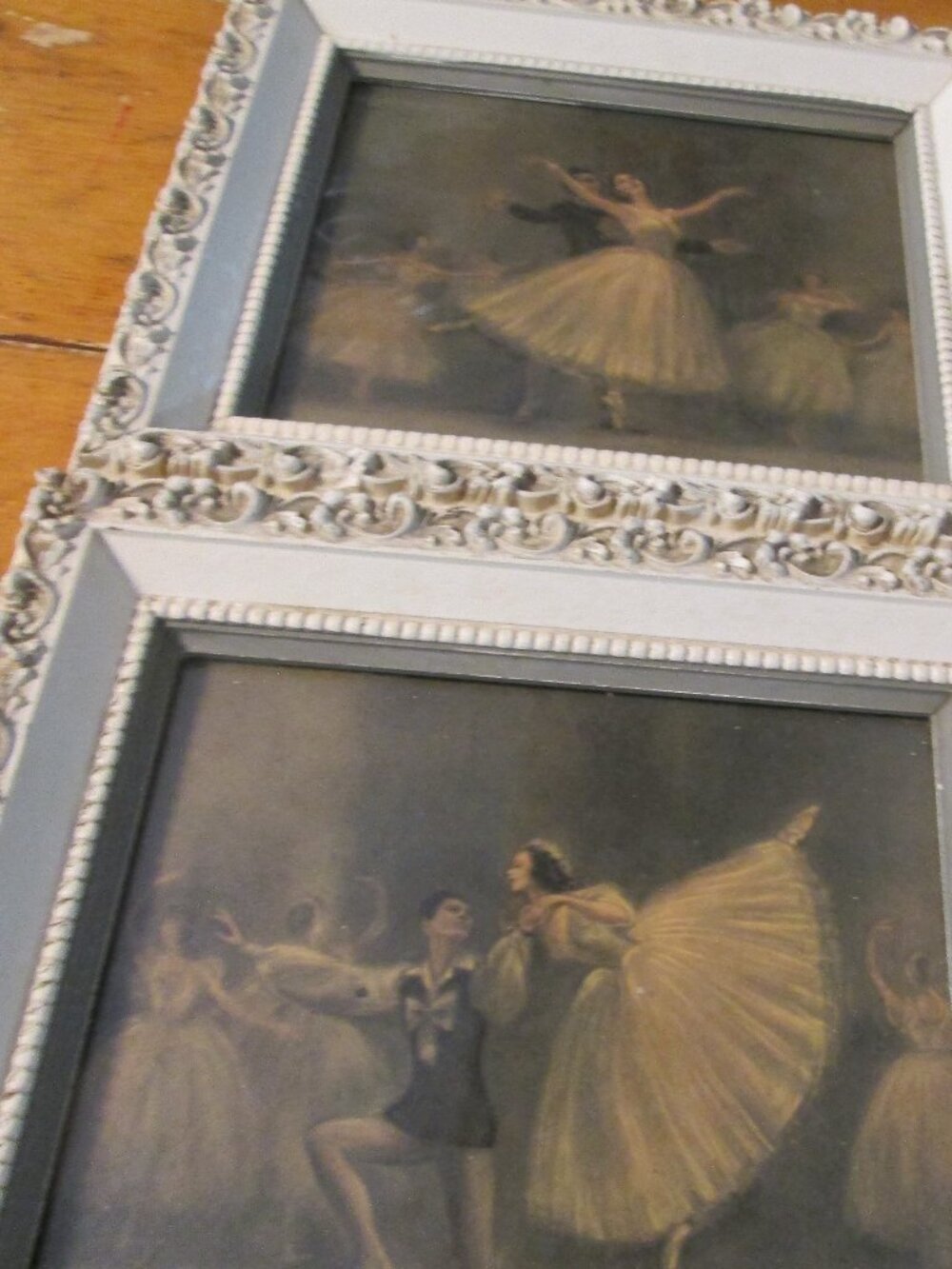 2 Vtg framed Under Glass Ballerina couple signed Sophie white gold wood frames - Picture 8 of 15